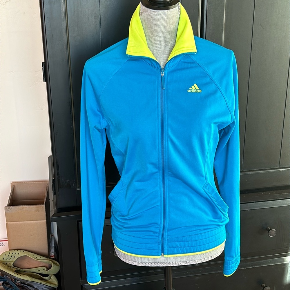 Ladies Adidas Warm-up Jacket. Deep Turquoise/Teal, Yellow trim. Great condition.